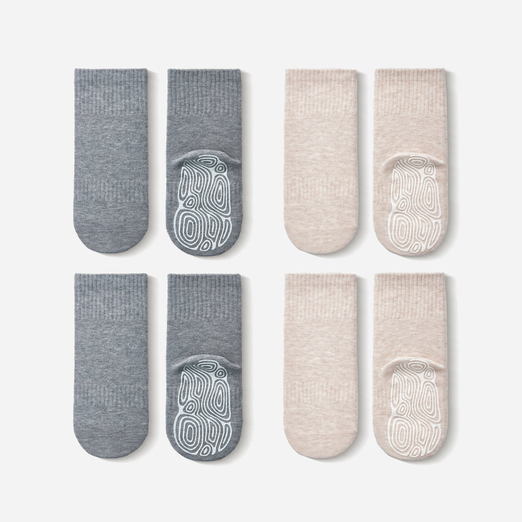 LittleYogaSocks Organic Cotton Socks- Beige & Grey- 4 Pairs of Stay-On Baby & Toddler Non-Slip Socks | Playroom Avenue