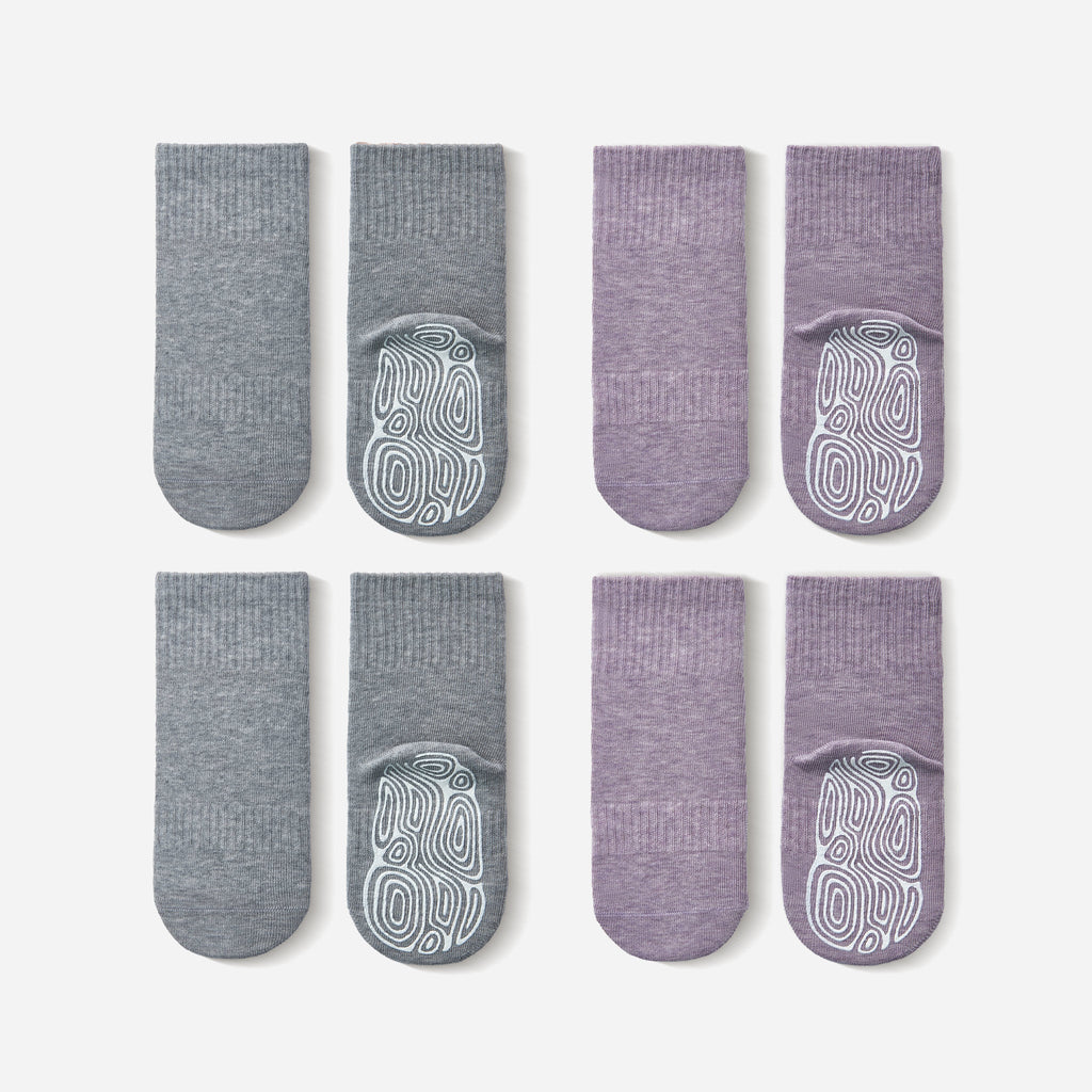 LittleYogaSocks Organic Cotton Socks- Lavender & Grey- 4 Pairs of Stay-On Baby & Toddler Non-Slip Socks | Playroom Avenue