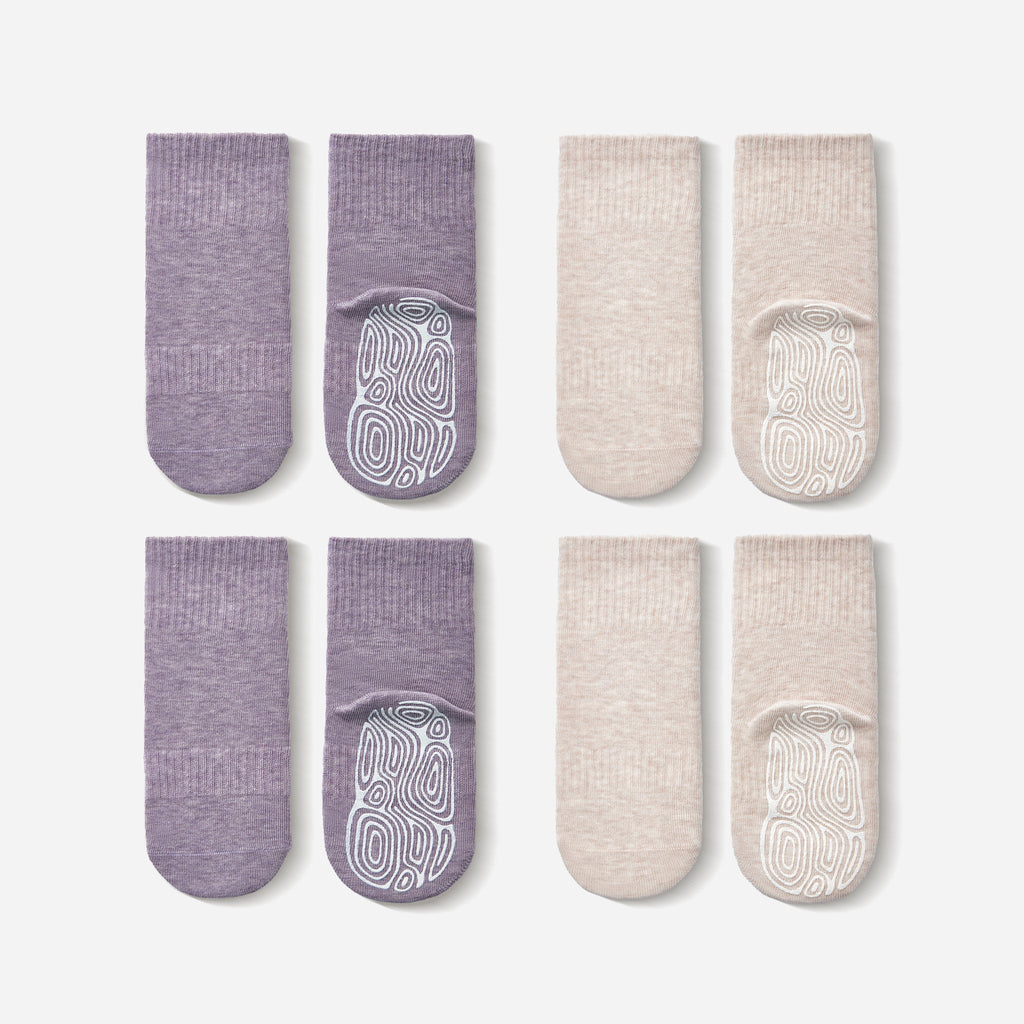 LittleYogaSocks Organic Cotton Socks- Lavender & Beige- 4 Pairs of Stay-On Baby & Toddler Non-Slip Socks | Playroom Avenue