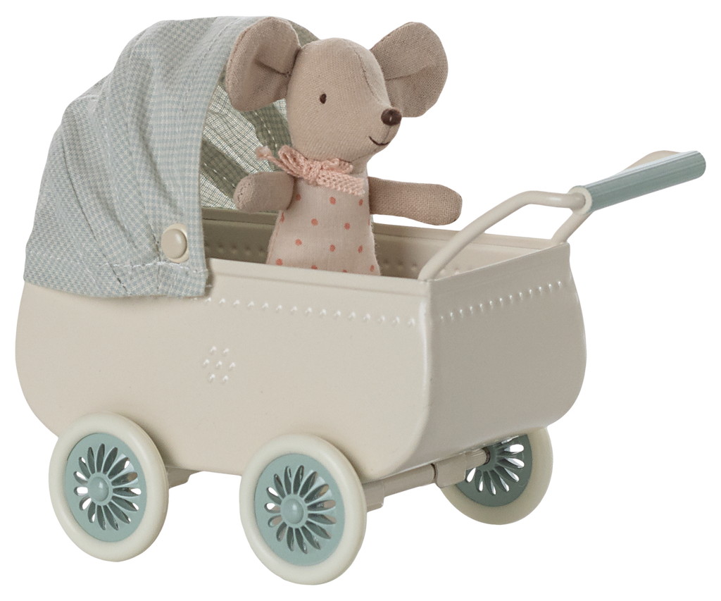 Maileg Pram with baby mouse - Mint | Playroom Avenue