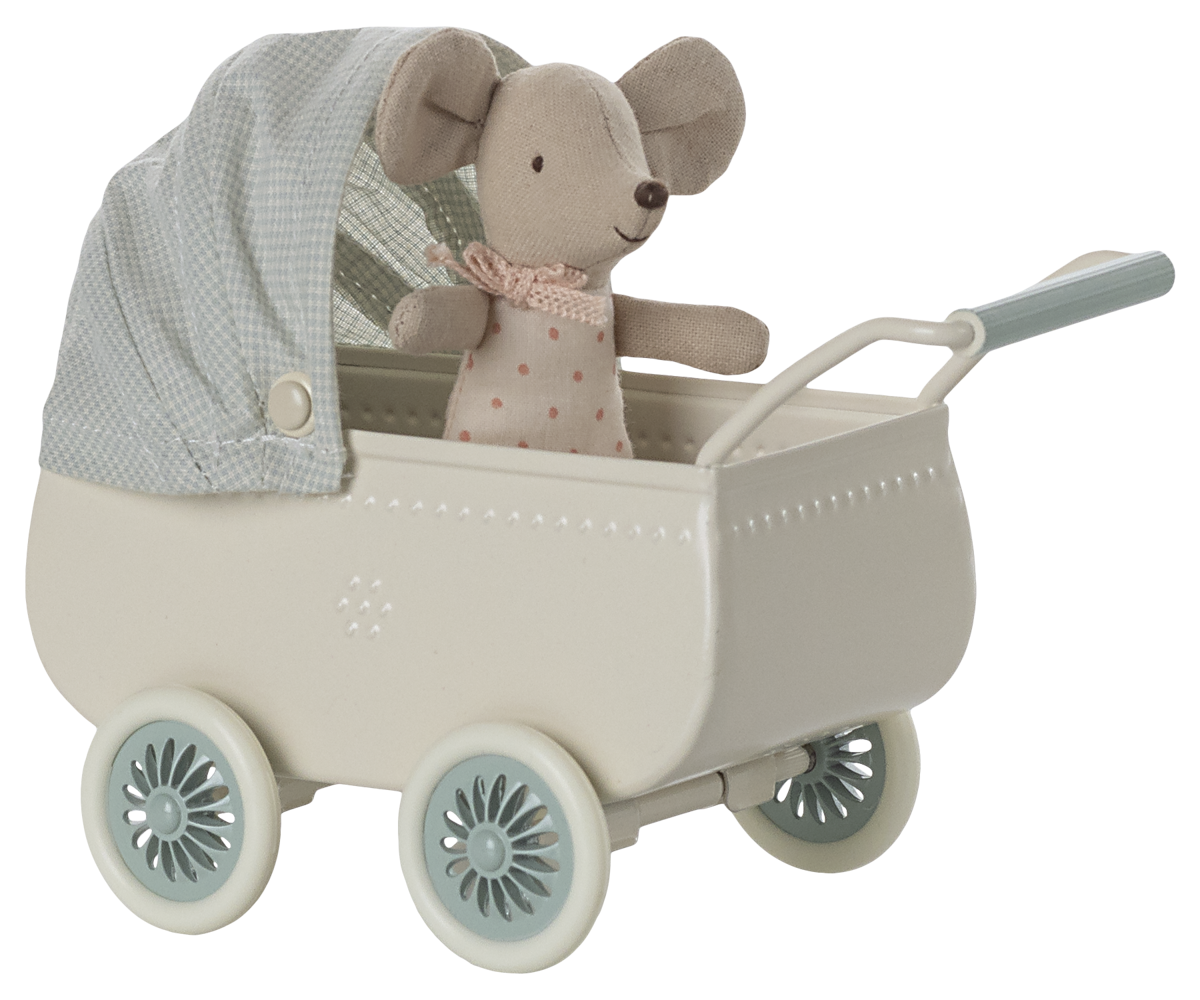 Maileg Pram with baby mouse - Mint | Playroom Avenue
