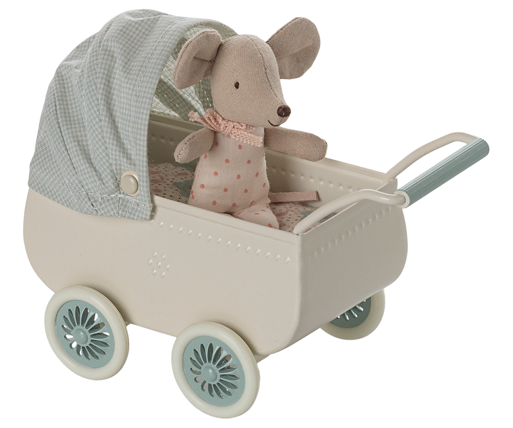 Maileg Pram with baby mouse - Mint | Playroom Avenue