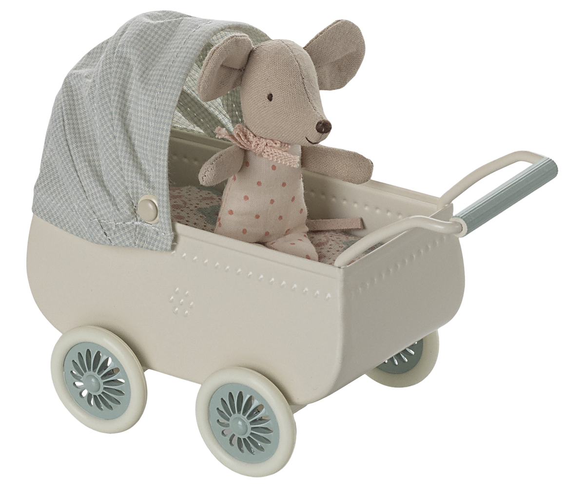 Maileg Pram with baby mouse - Mint | Playroom Avenue