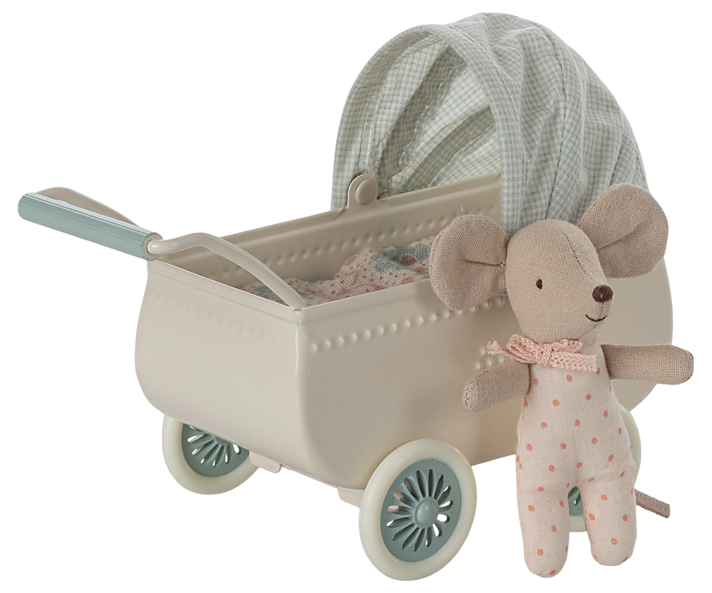 Maileg Pram with baby mouse - Mint | Playroom Avenue