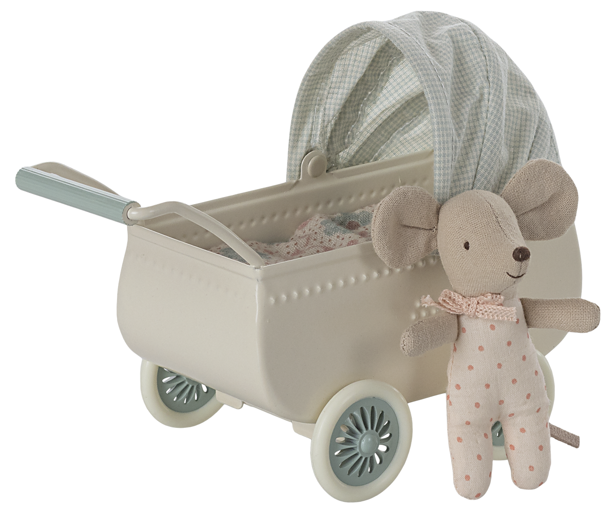 Maileg Pram with baby mouse - Mint | Playroom Avenue