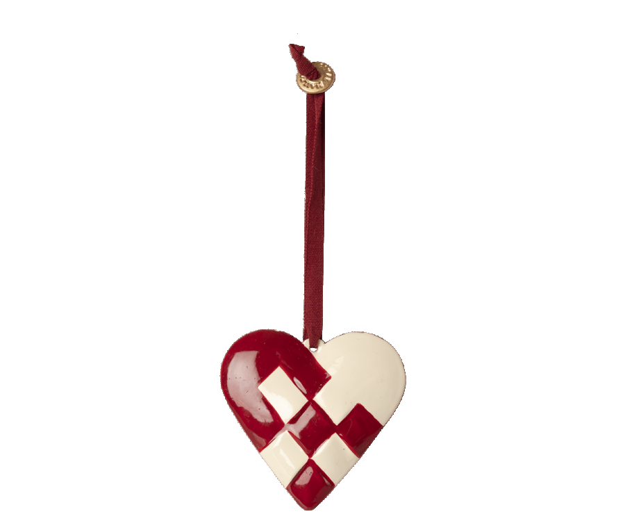 Meileg Braided Heart Ornament, Red - Metal