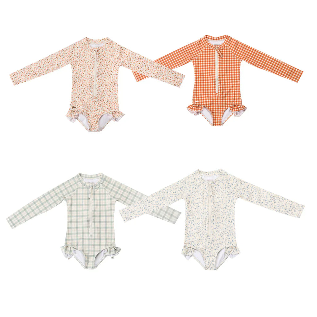 GRECH & CO. Long Sleeve Rashguard Ruffle Swimsuit | UPF + Recycled - Sunset Meadow | Playroom Avenue