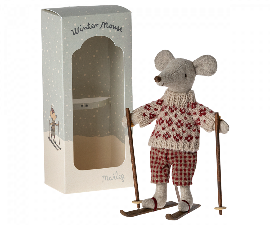 Maileg Winter Mouse with Ski Set, Mum