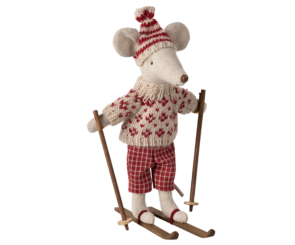 Maileg Winter mouse with ski set, Mum - Red | Playroom Avenue