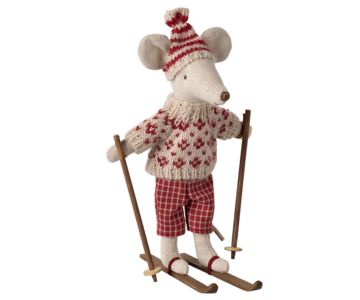 Maileg Winter mouse with ski set, Mum - Red | Playroom Avenue
