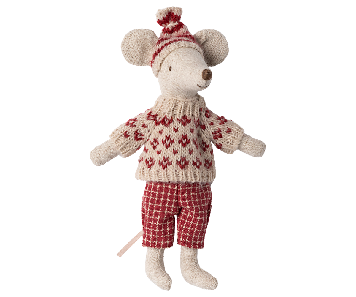 Maileg Winter mouse with ski set, Mum - Red | Playroom Avenue