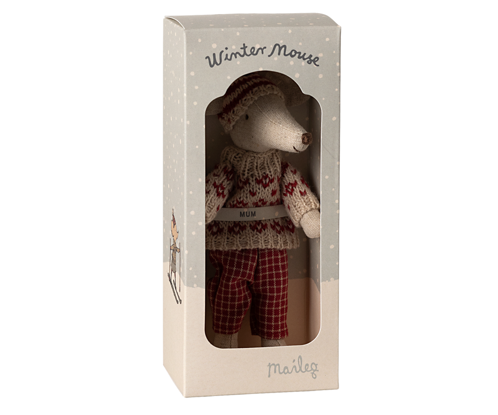 Maileg Winter mouse with ski set, Mum - Red | Playroom Avenue
