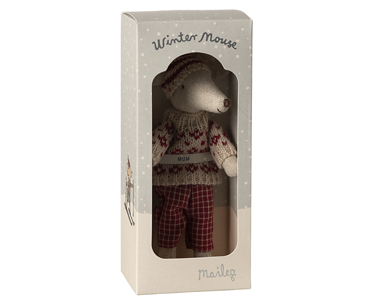 Maileg Winter mouse with ski set, Mum - Red | Playroom Avenue
