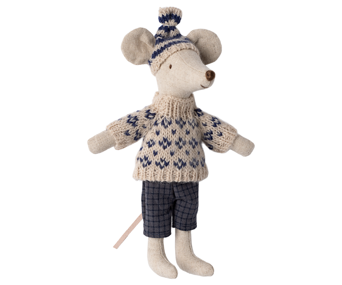 Maileg Winter mouse with ski set, Dad - Blue | Playroom Avenue