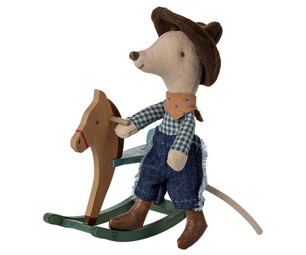 Maileg Cowboy mouse on rocking horse, Little brother | Playroom Avenue