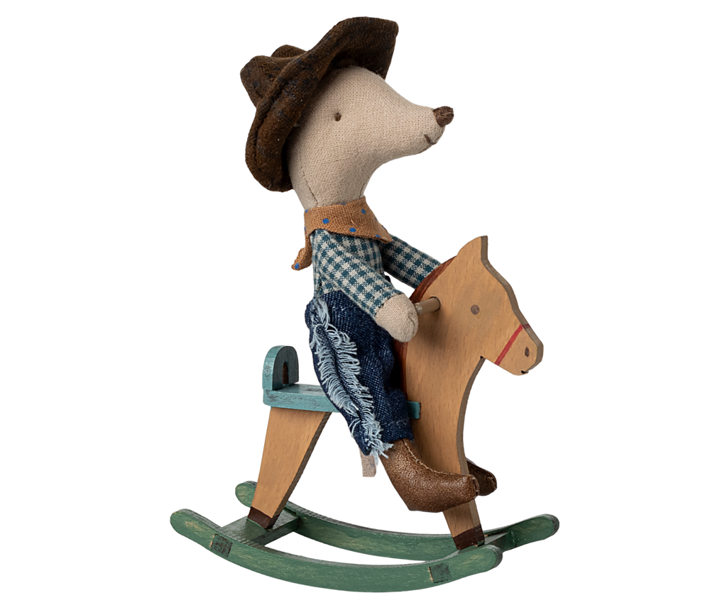 Maileg Cowboy mouse on rocking horse, Little brother | Playroom Avenue