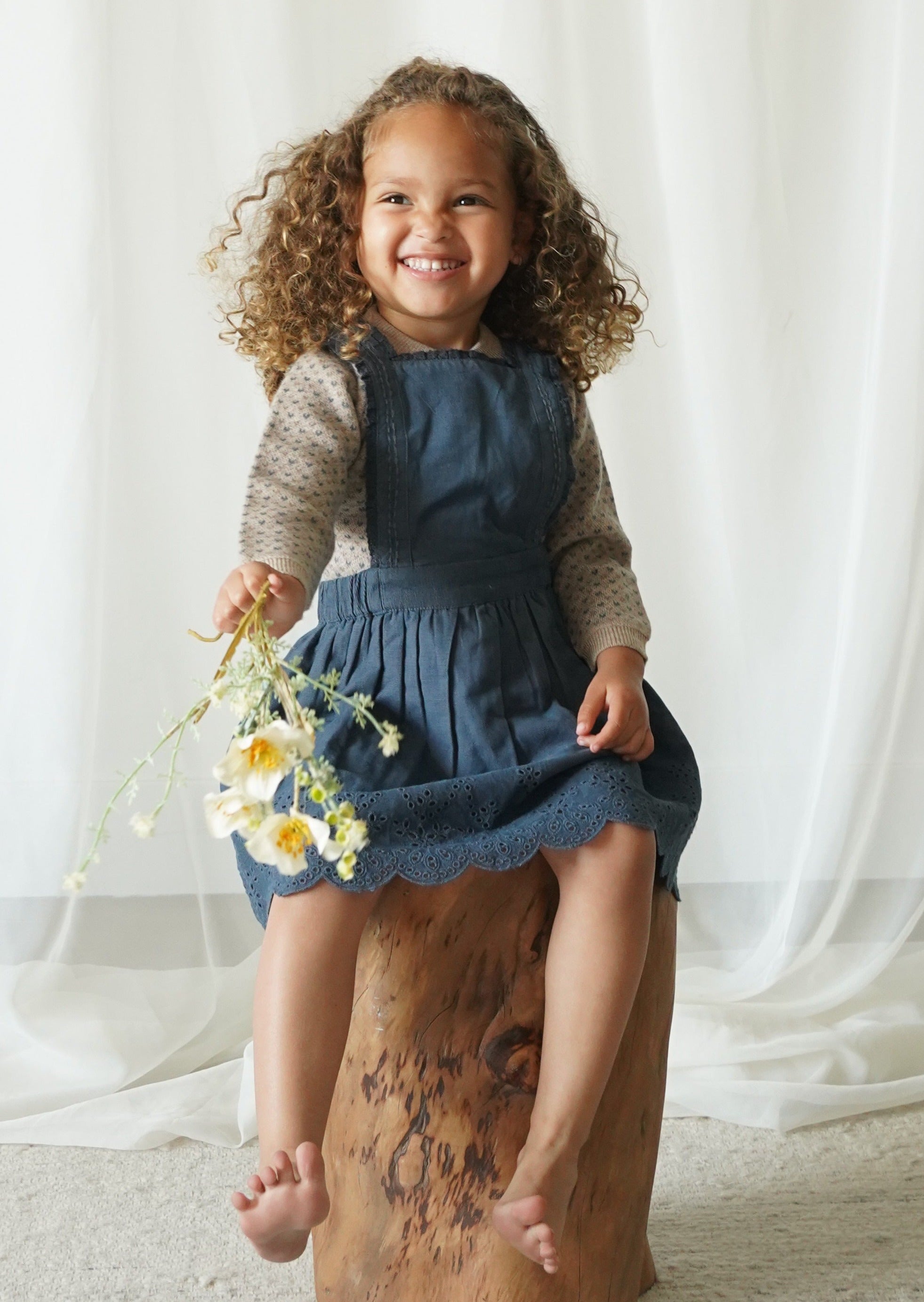 La Petit Lapin Elea | Corduroy Cotton Anglaise Dress | Vintage Blue | Playroom Avenue