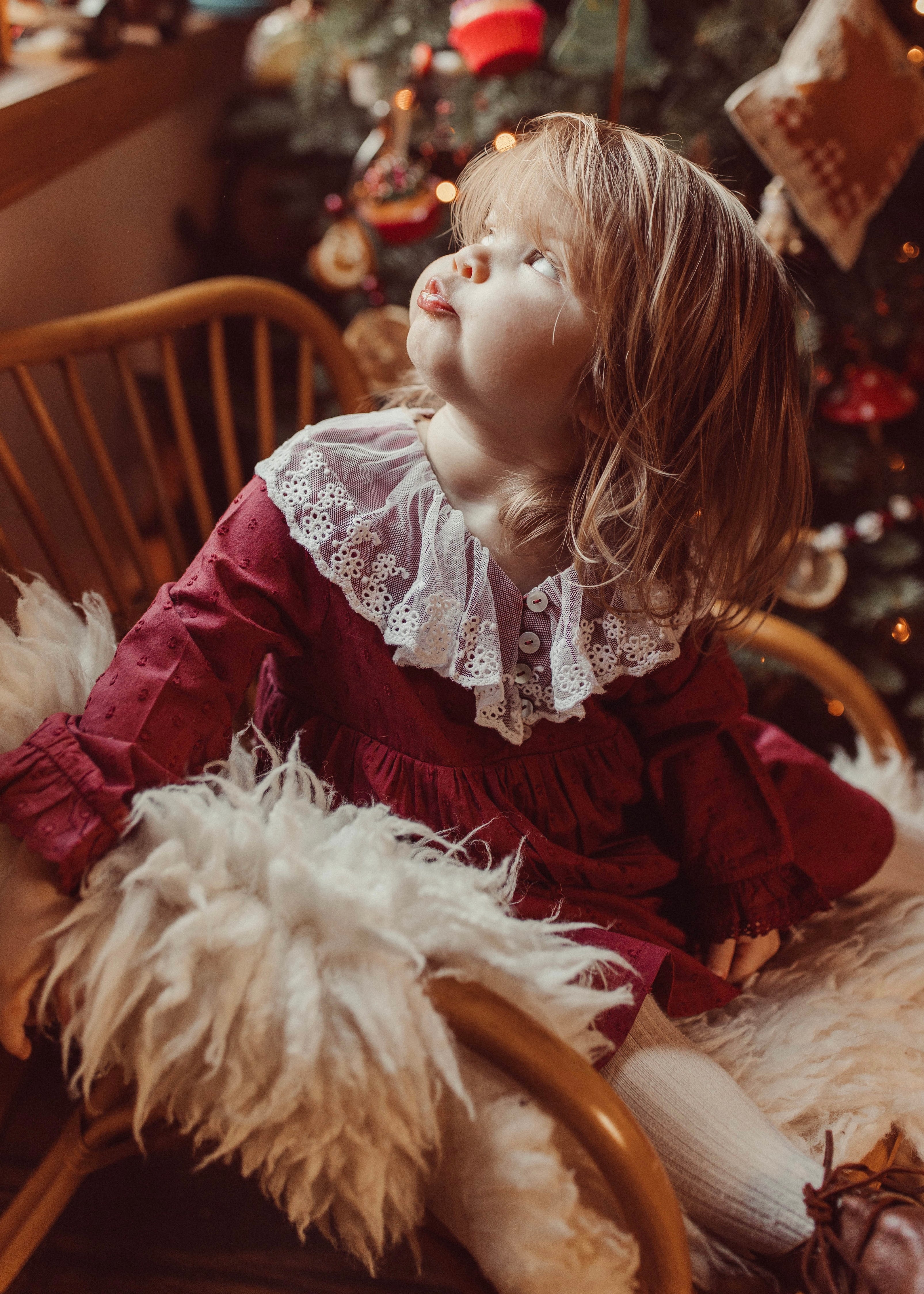 La Petit Lapin Harper | Swiss Dot Cotton Lace Dress | Merlot | Playroom Avenue