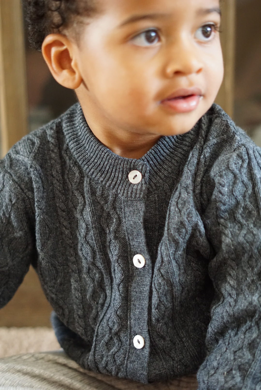 La Petit Lapin Cashmere & Merino Wool Cable Knit Cardigan | Dark Gray Melange | Playroom Avenue