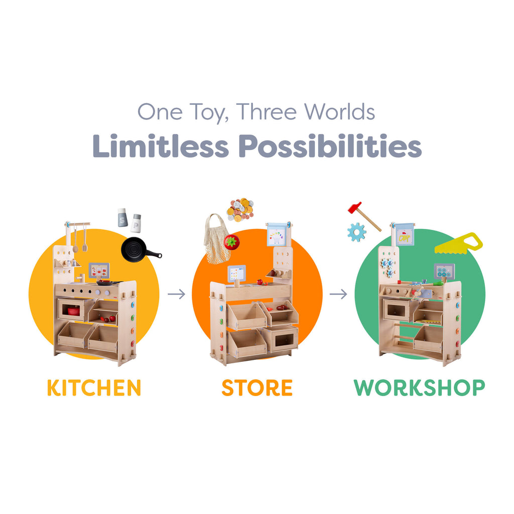 HABA Creative Play 3 in 1 – Play Kitchen, Store & Workshop | Playroom Avenue