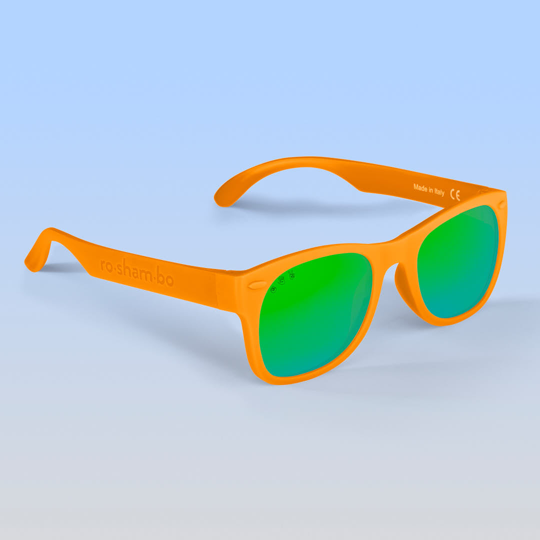 ro•sham•bo Bright Orange Shades | Adult Polarized Mirrored (Green) Lens Bright Orange Frame | Playroom Avenue