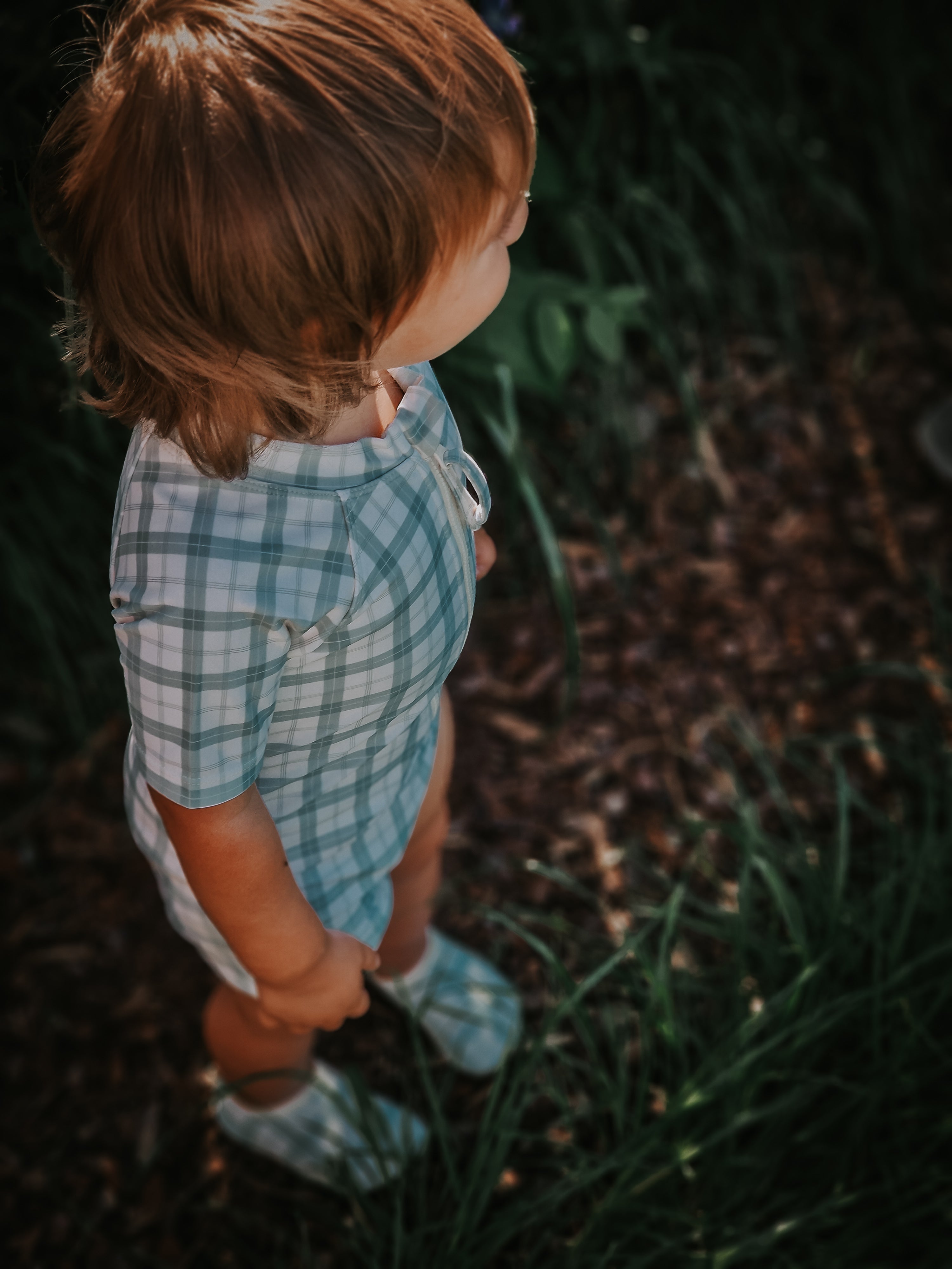 GRECH & CO. Short Sleeve Rashguard Swimsuit | UPF + Recycled - Fern Plaid | Playroom Avenue