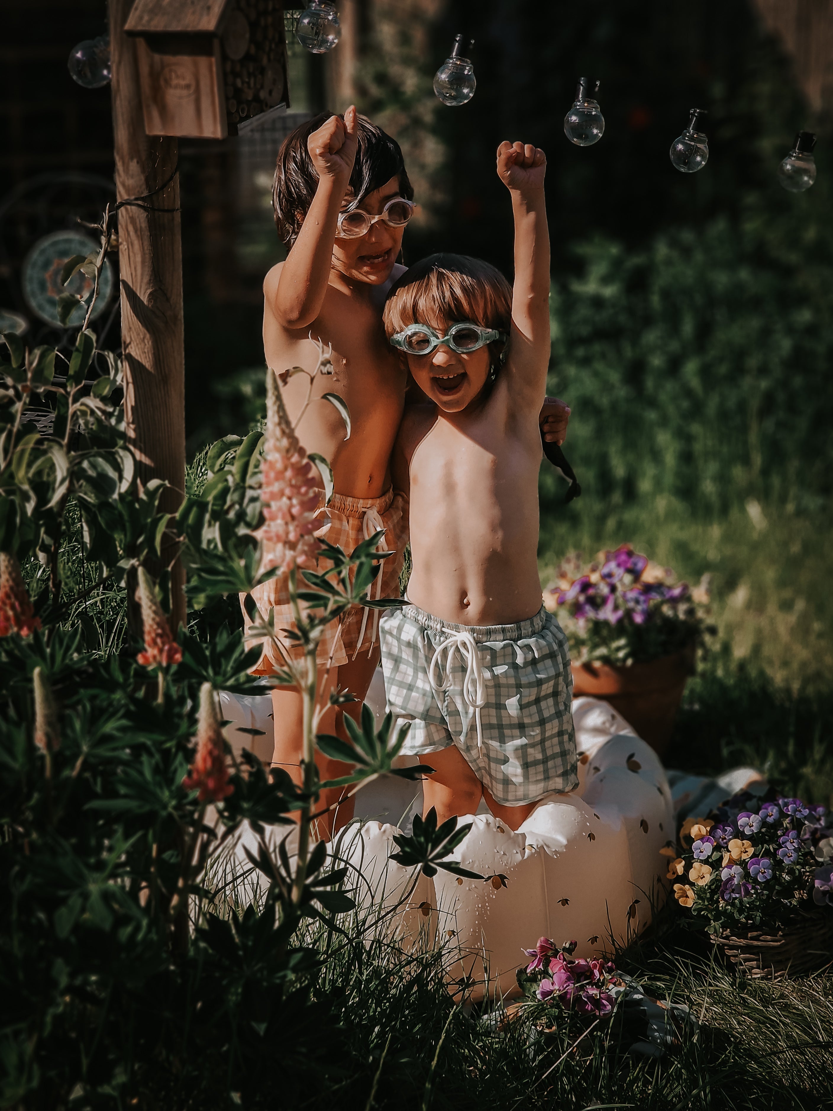 GRECH & CO. Swim Trunks | UPF + Recycled - Buckwheat Plaid | Playroom Avenue