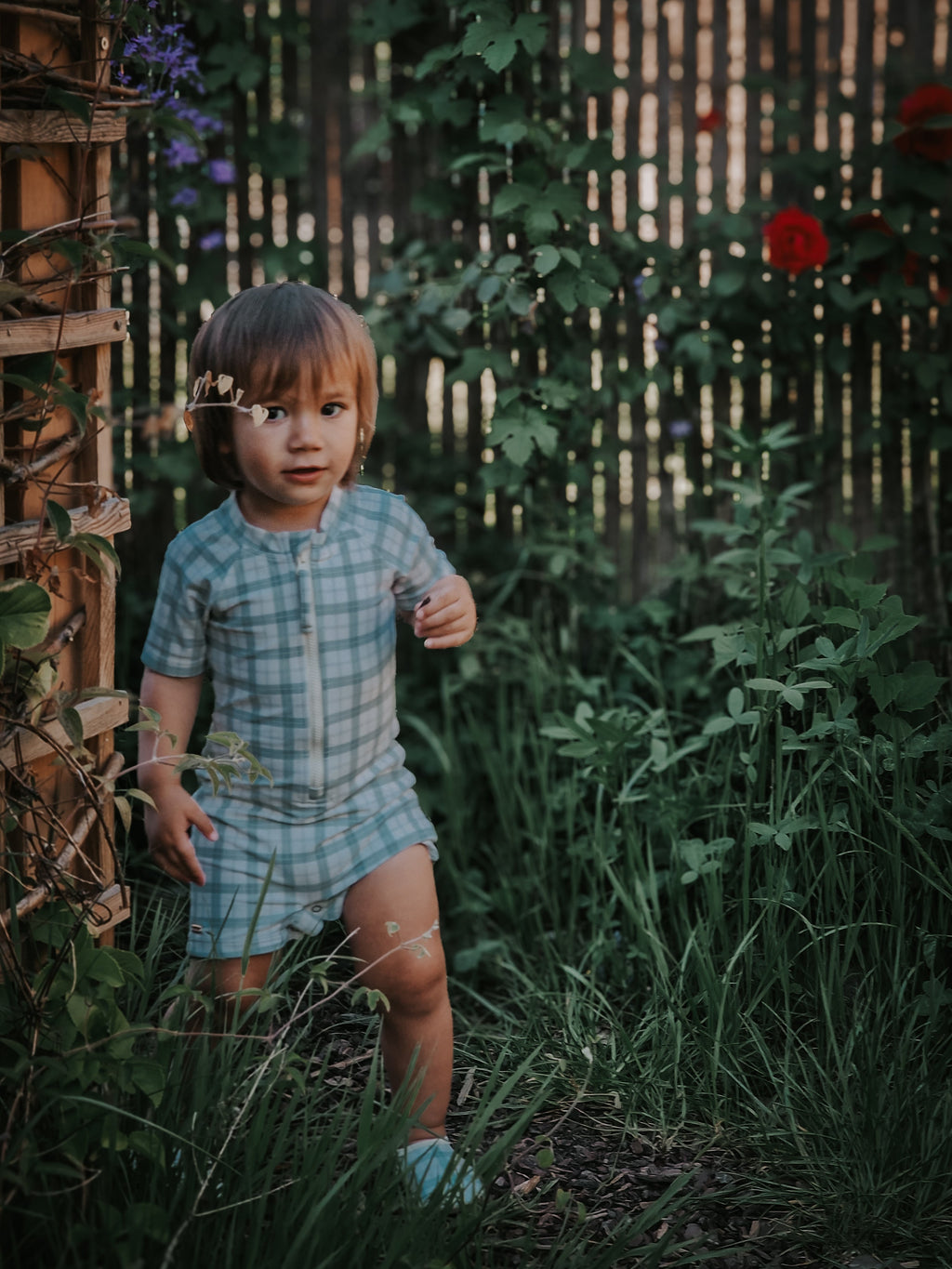 GRECH & CO. Short Sleeve Rashguard Swimsuit | UPF + Recycled - Fern Plaid | Playroom Avenue