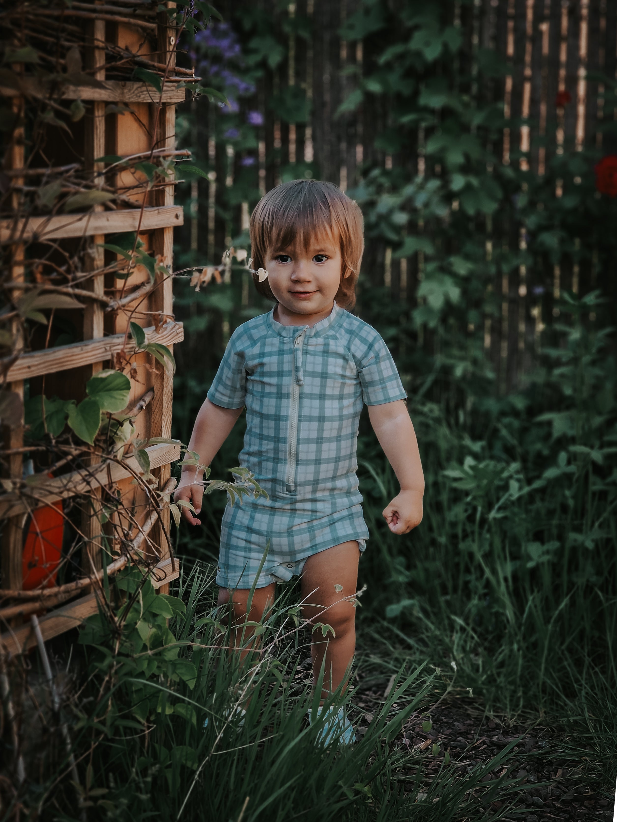 GRECH & CO. Short Sleeve Rashguard Swimsuit | UPF + Recycled - Fern Plaid | Playroom Avenue