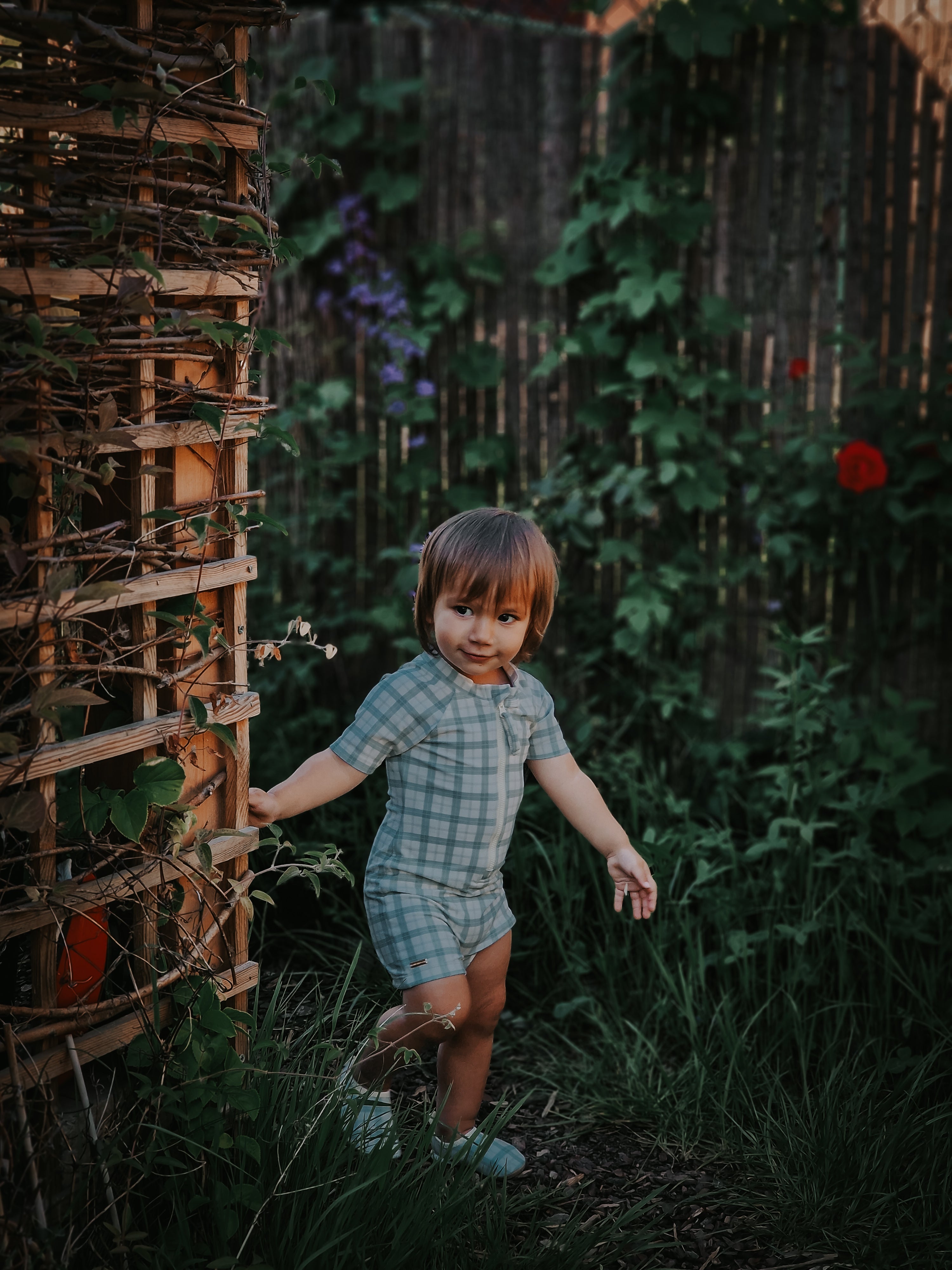 GRECH & CO. Short Sleeve Rashguard Swimsuit | UPF + Recycled - Fern Plaid | Playroom Avenue