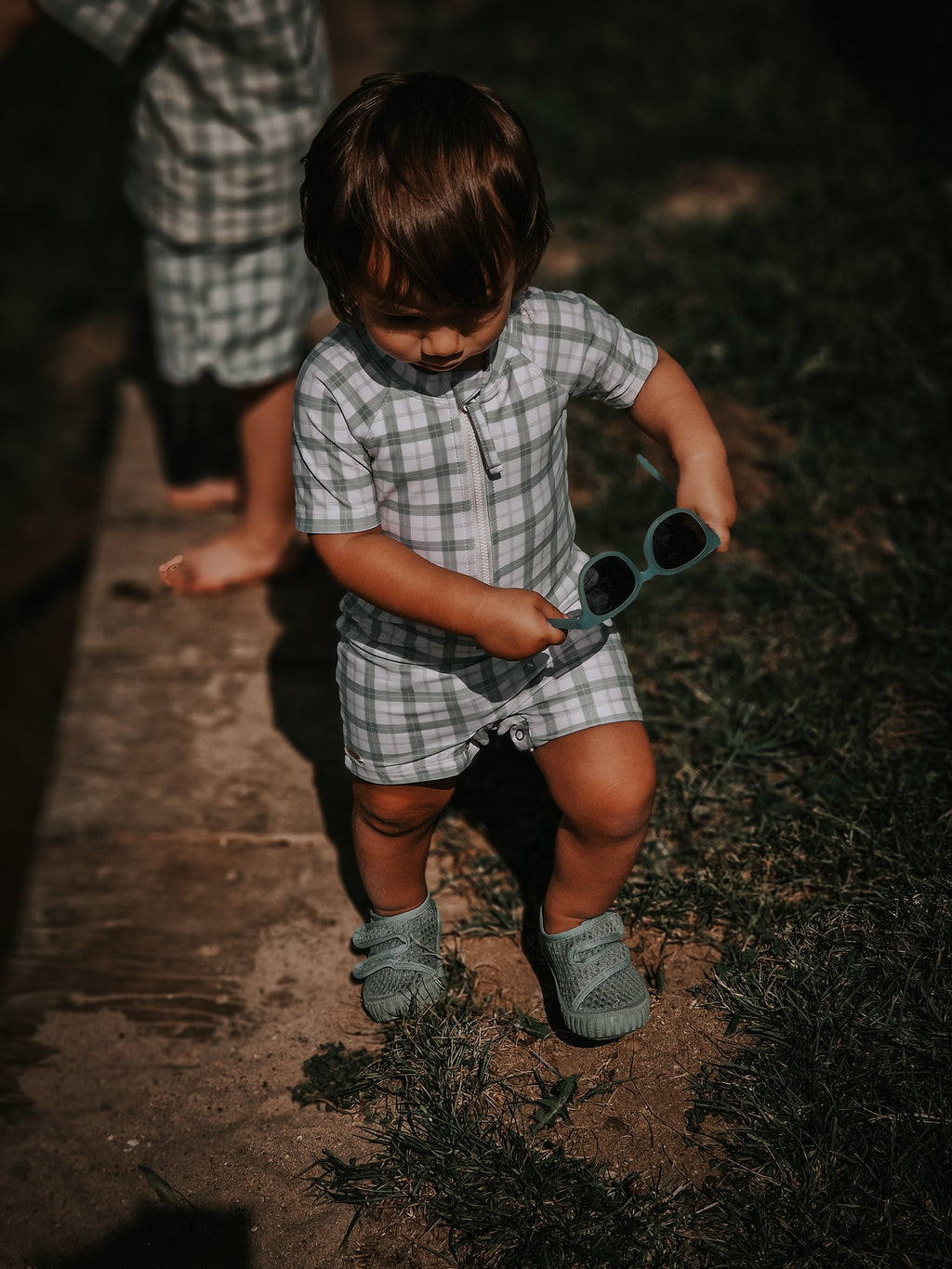 GRECH & CO. Short Sleeve Rashguard Swimsuit | UPF + Recycled - Fern Plaid | Playroom Avenue