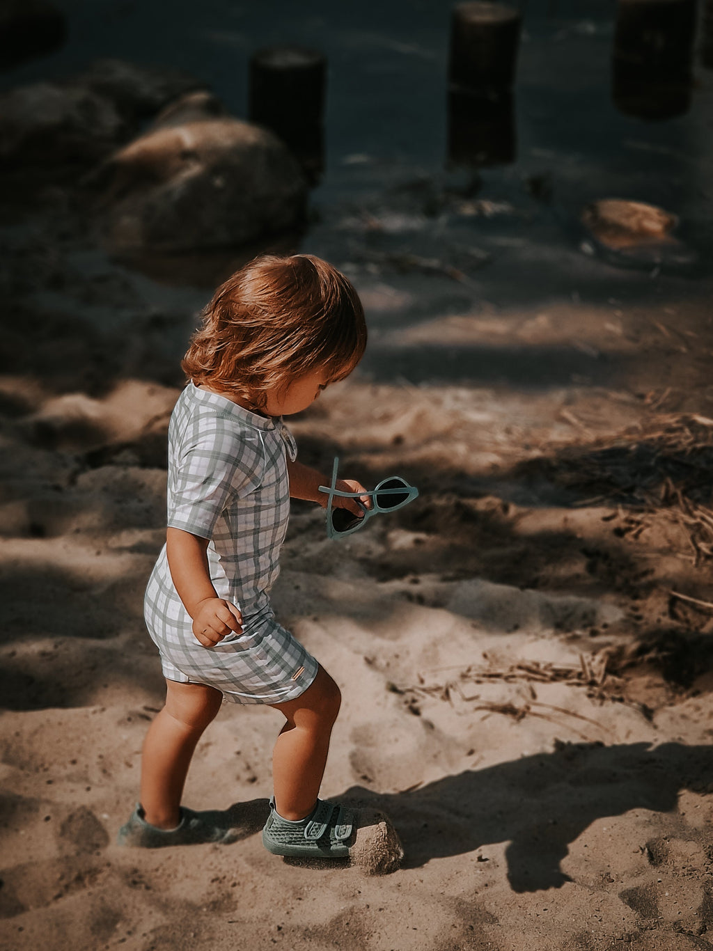 GRECH & CO. Short Sleeve Rashguard Swimsuit | UPF + Recycled - Fern Plaid | Playroom Avenue