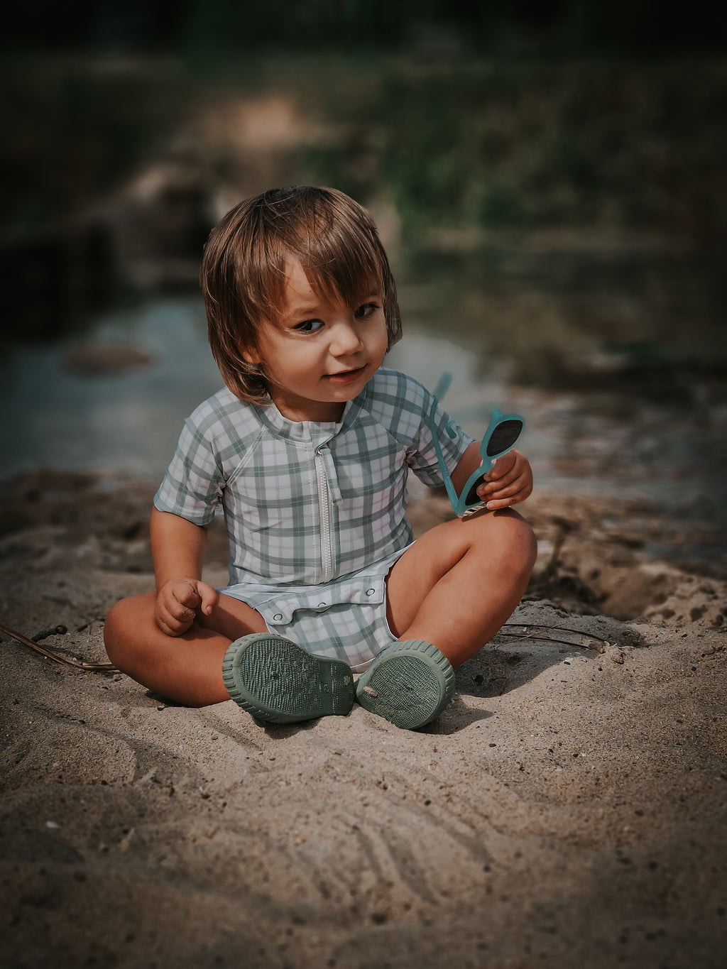 GRECH & CO. Short Sleeve Rashguard Swimsuit | UPF + Recycled - Fern Plaid | Playroom Avenue