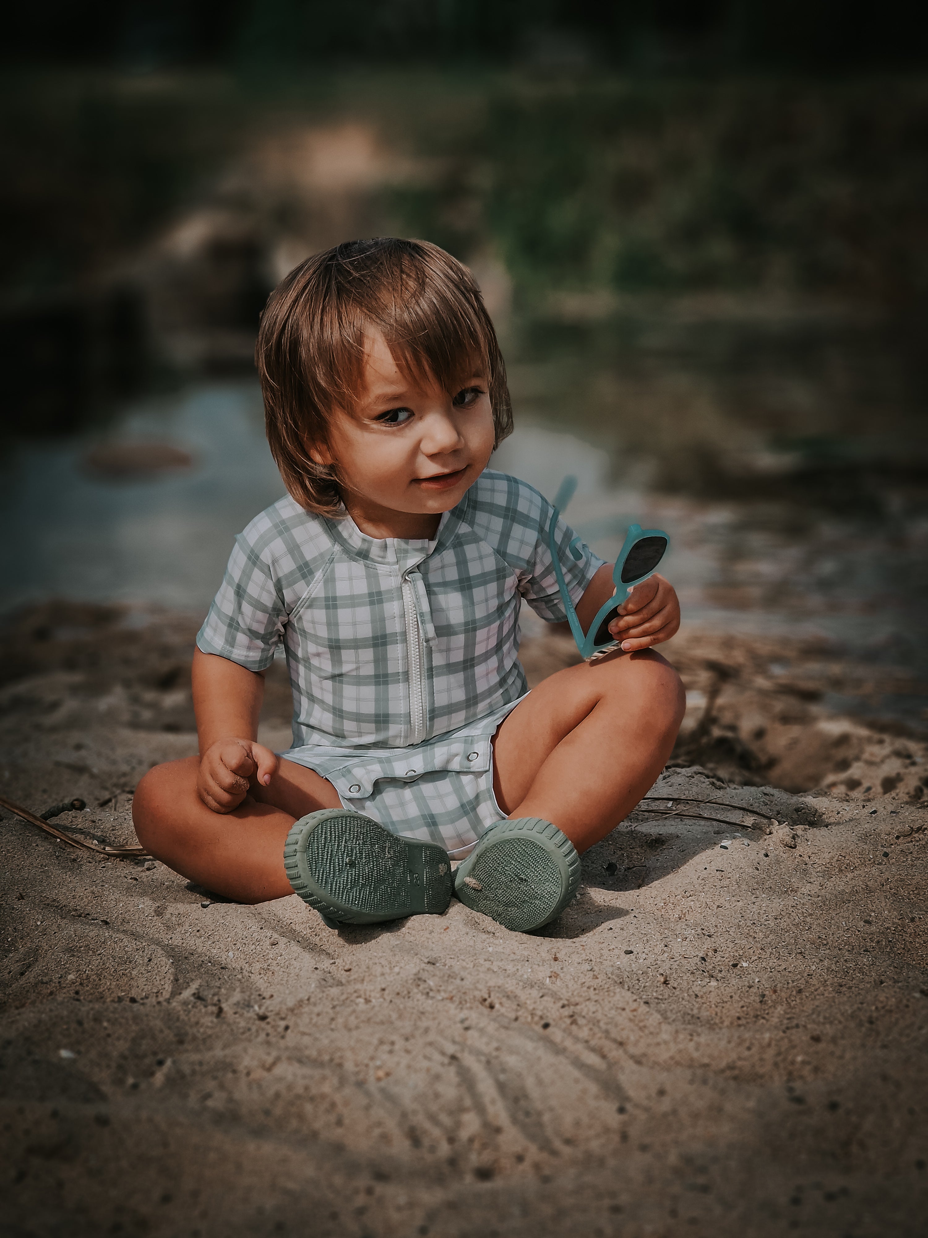 GRECH & CO. Short Sleeve Rashguard Swimsuit | UPF + Recycled - Fern Plaid | Playroom Avenue