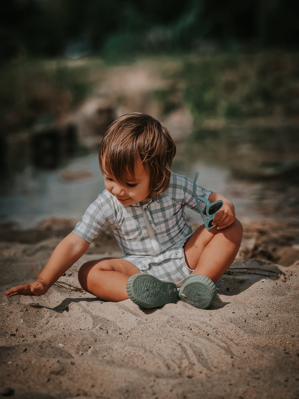 GRECH & CO. Short Sleeve Rashguard Swimsuit | UPF + Recycled - Fern Plaid | Playroom Avenue