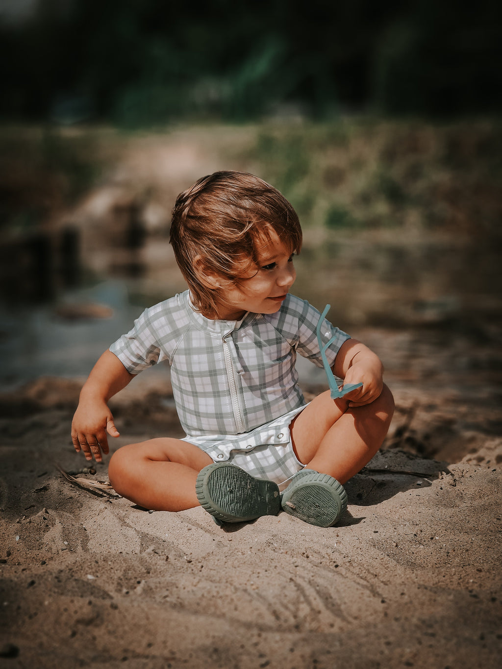 GRECH & CO. Short Sleeve Rashguard Swimsuit | UPF + Recycled - Fern Plaid | Playroom Avenue