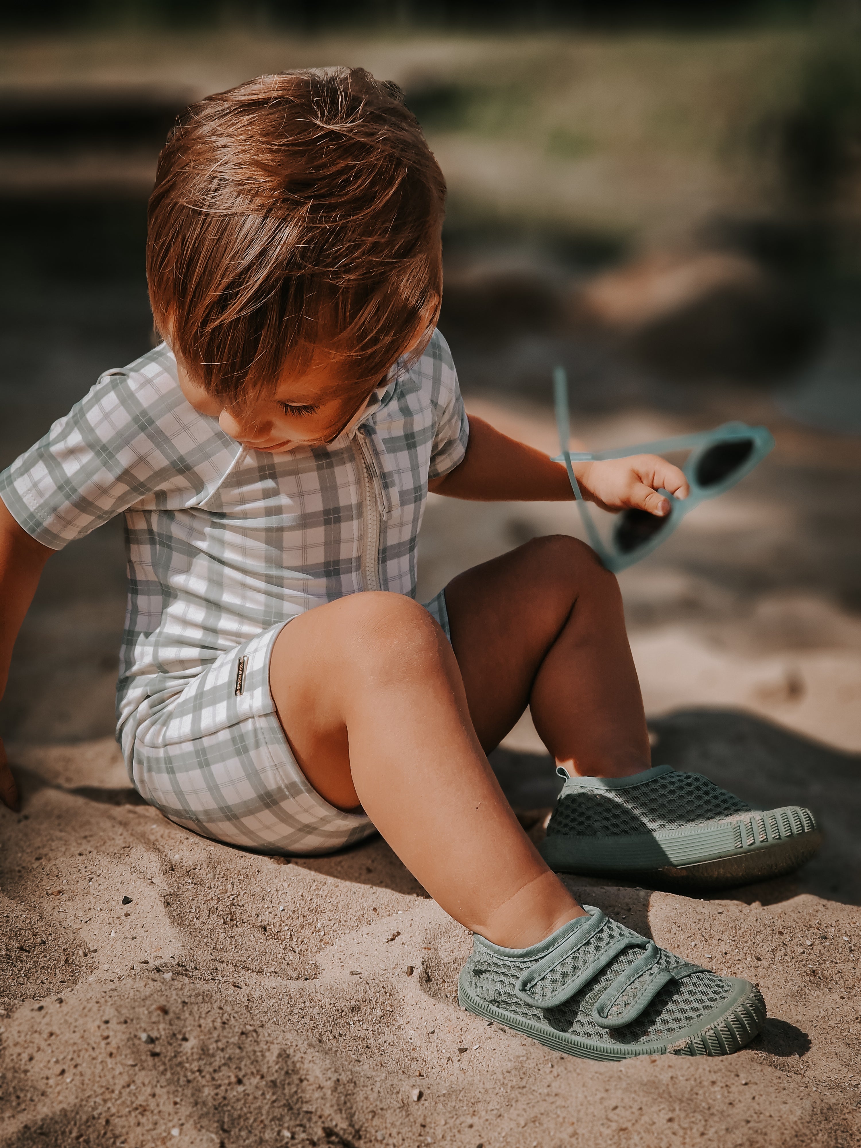 GRECH & CO. Short Sleeve Rashguard Swimsuit | UPF + Recycled - Fern Plaid | Playroom Avenue