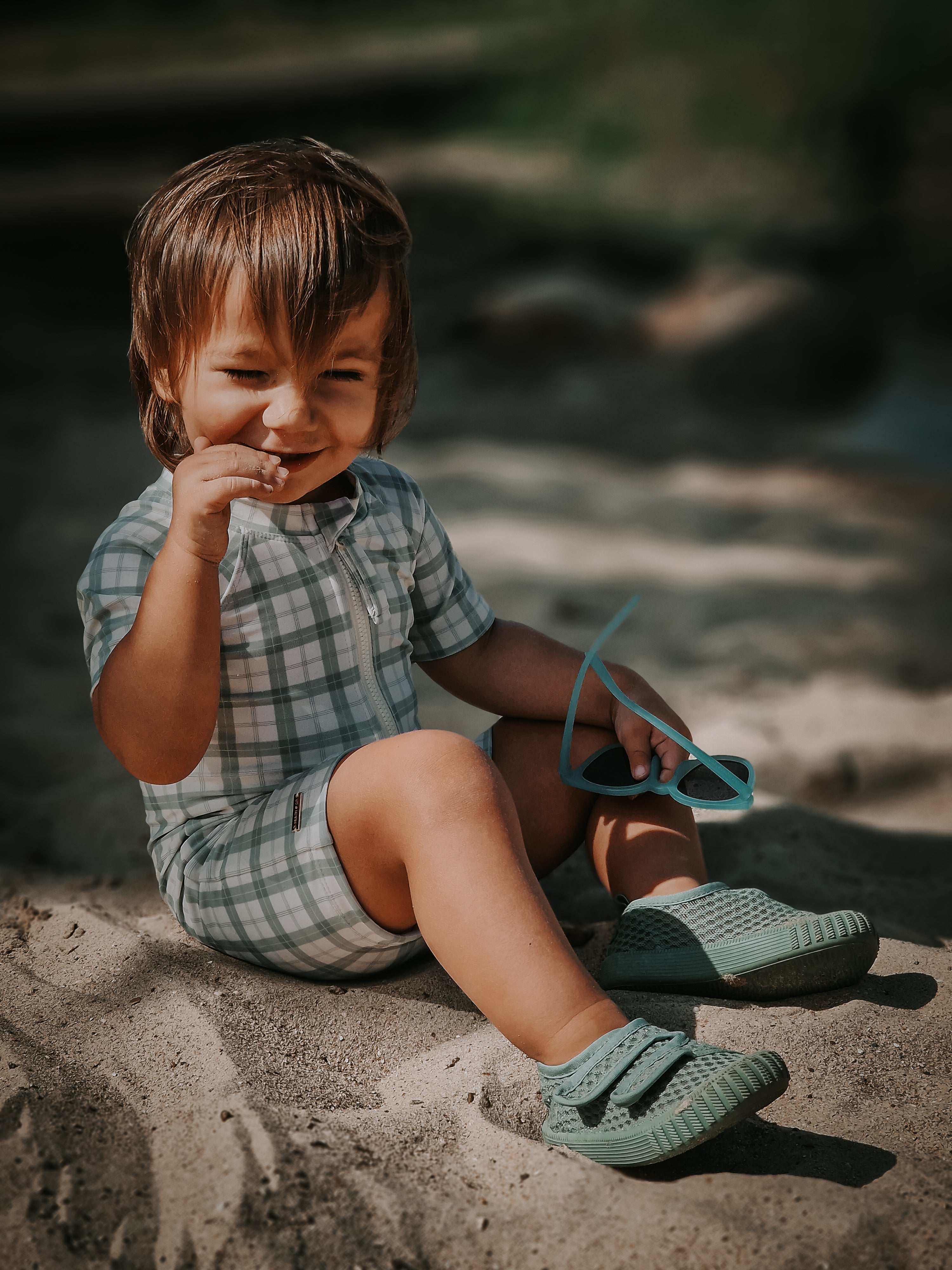 GRECH & CO. Short Sleeve Rashguard Swimsuit | UPF + Recycled - Fern Plaid | Playroom Avenue