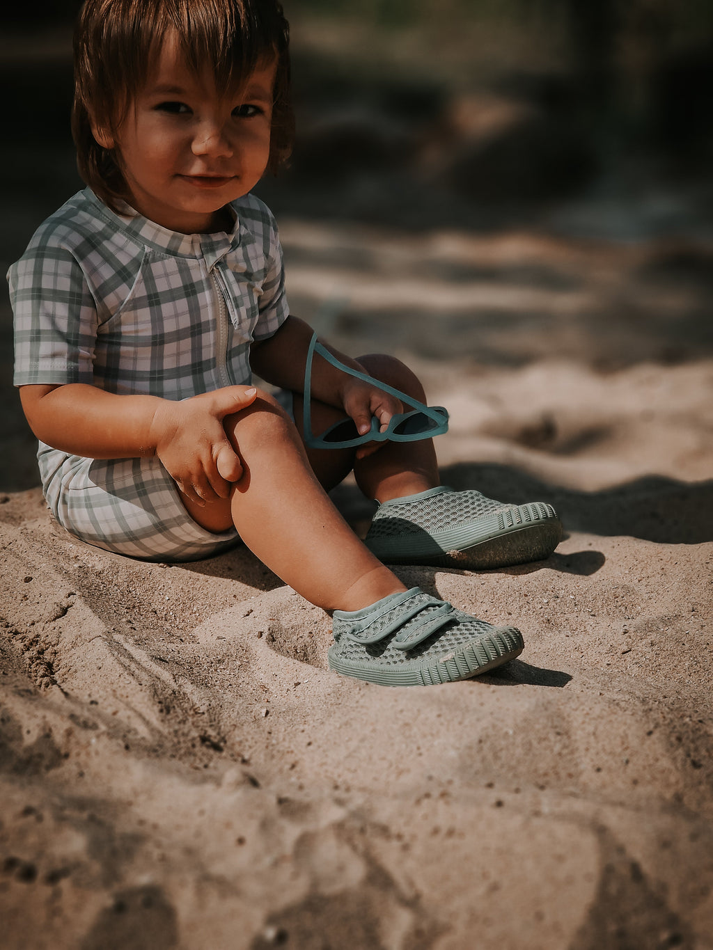 GRECH & CO. Short Sleeve Rashguard Swimsuit | UPF + Recycled - Fern Plaid | Playroom Avenue
