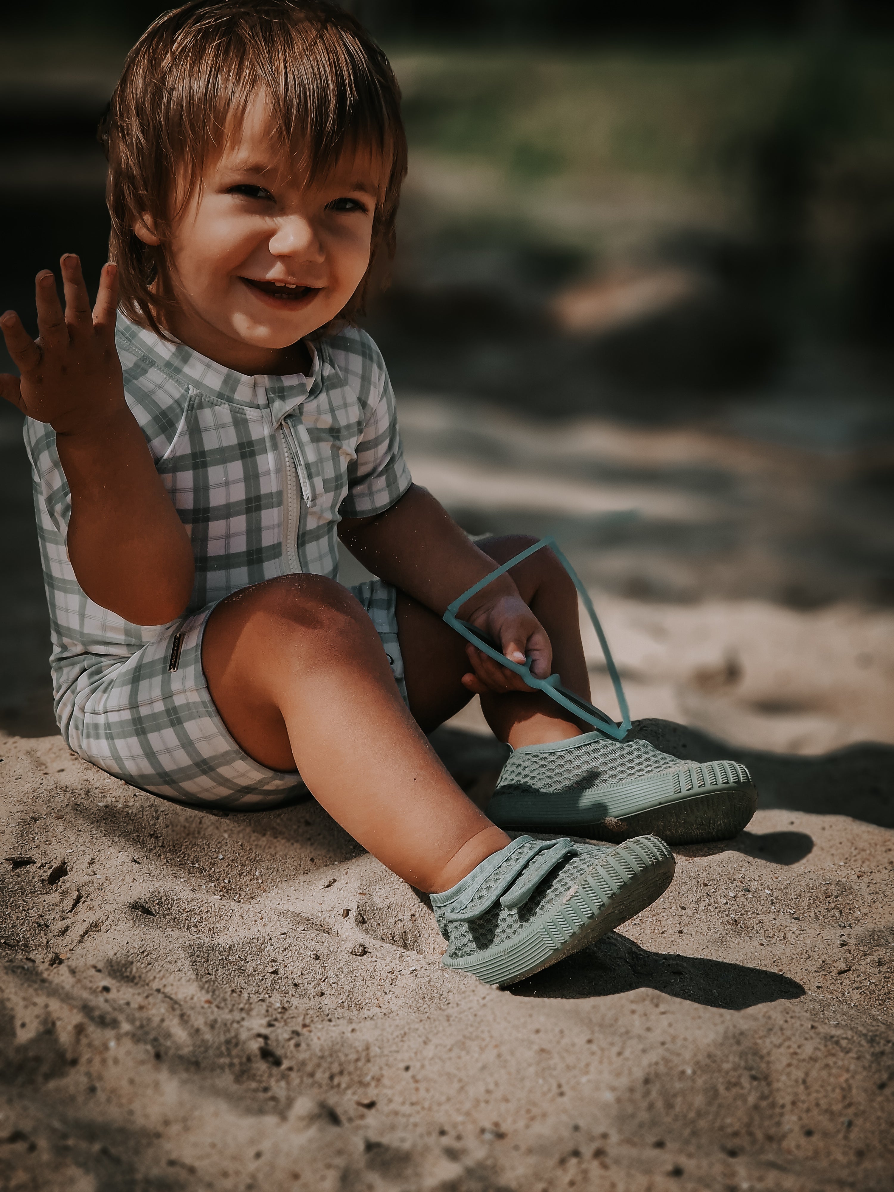 GRECH & CO. Short Sleeve Rashguard Swimsuit | UPF + Recycled - Fern Plaid | Playroom Avenue