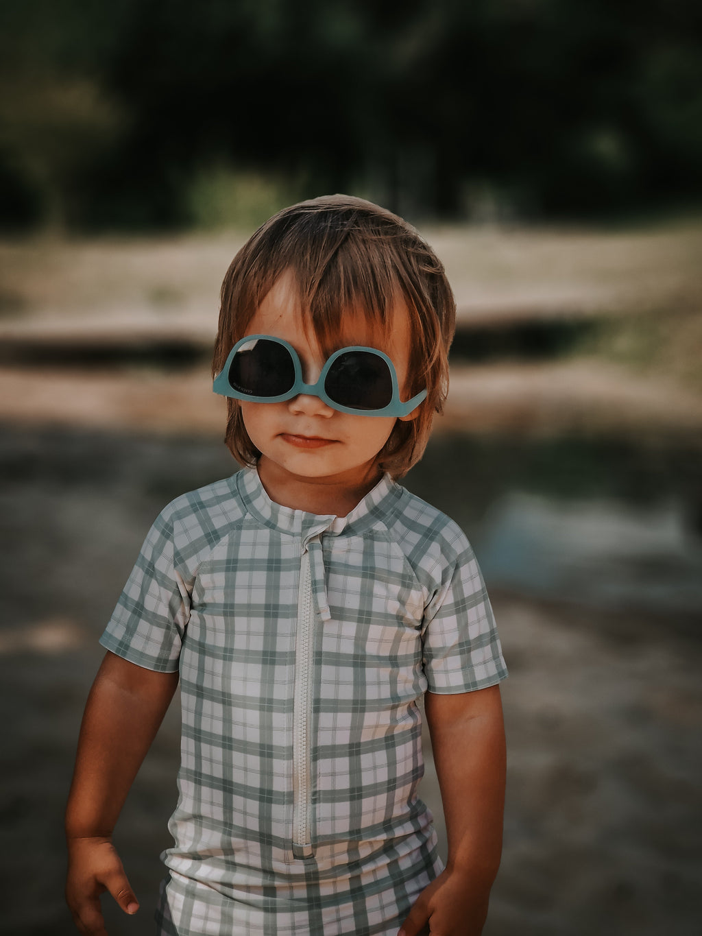 GRECH & CO. Short Sleeve Rashguard Swimsuit | UPF + Recycled - Fern Plaid | Playroom Avenue