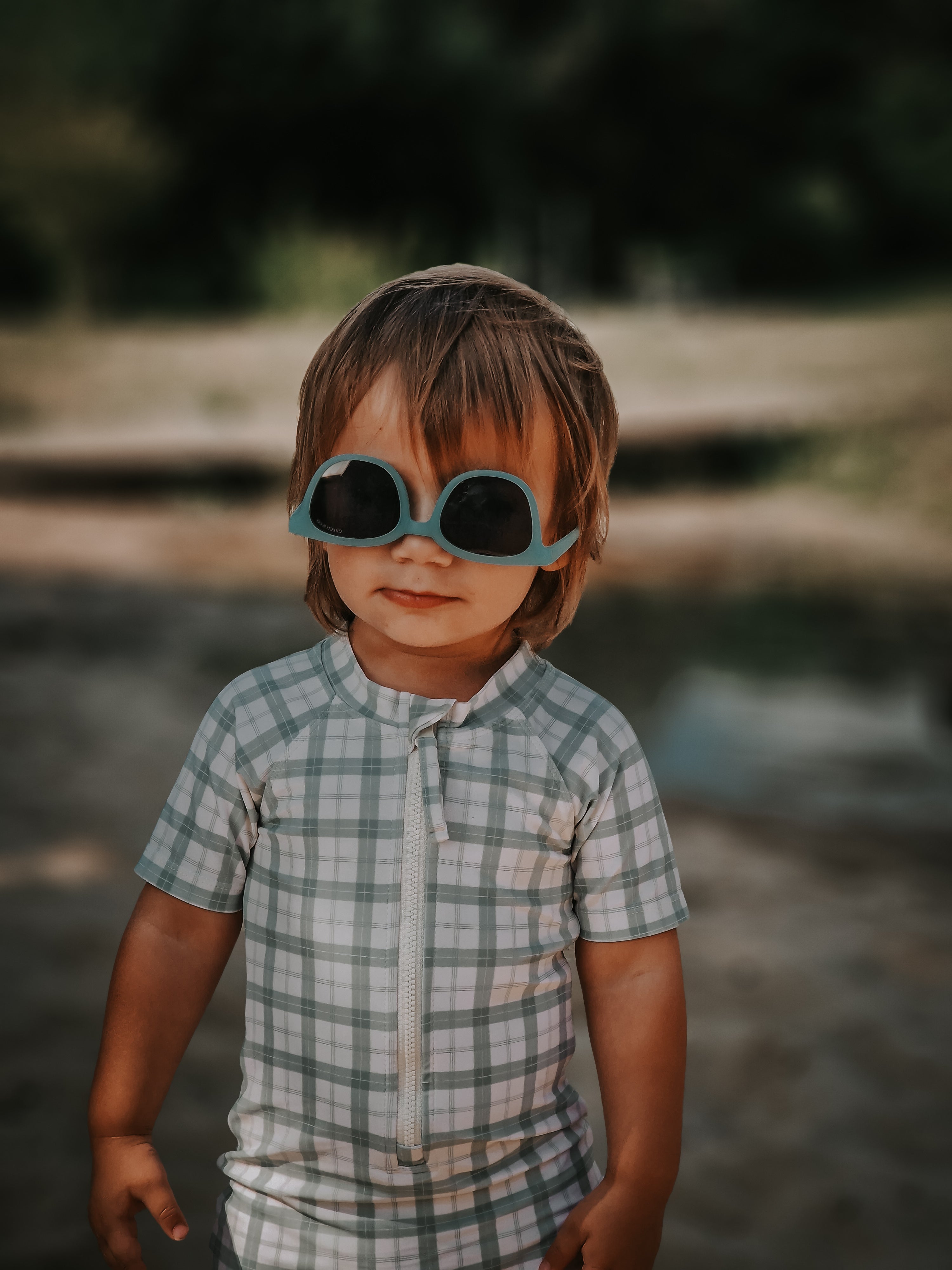 GRECH & CO. Short Sleeve Rashguard Swimsuit | UPF + Recycled - Fern Plaid | Playroom Avenue