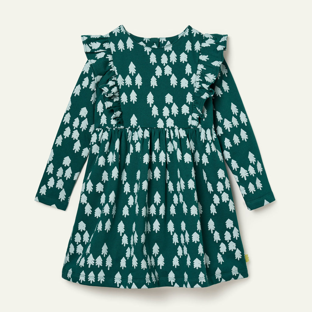 Mon Coeur Recycled Cotton Snowy Pine Ruffle Dress | Playroom Avenue