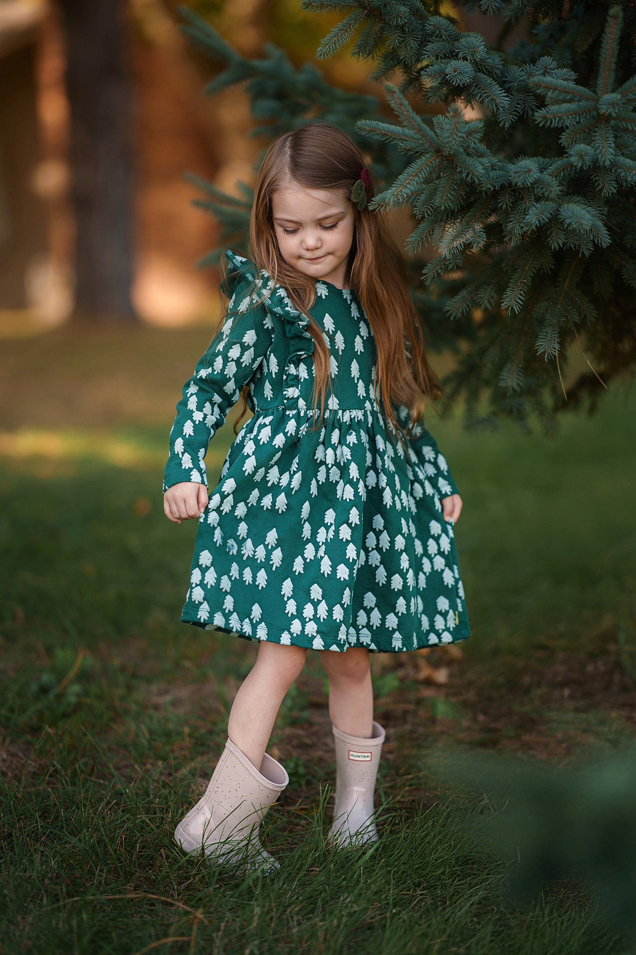 Mon Coeur Recycled Cotton Snowy Pine Ruffle Dress | Playroom Avenue