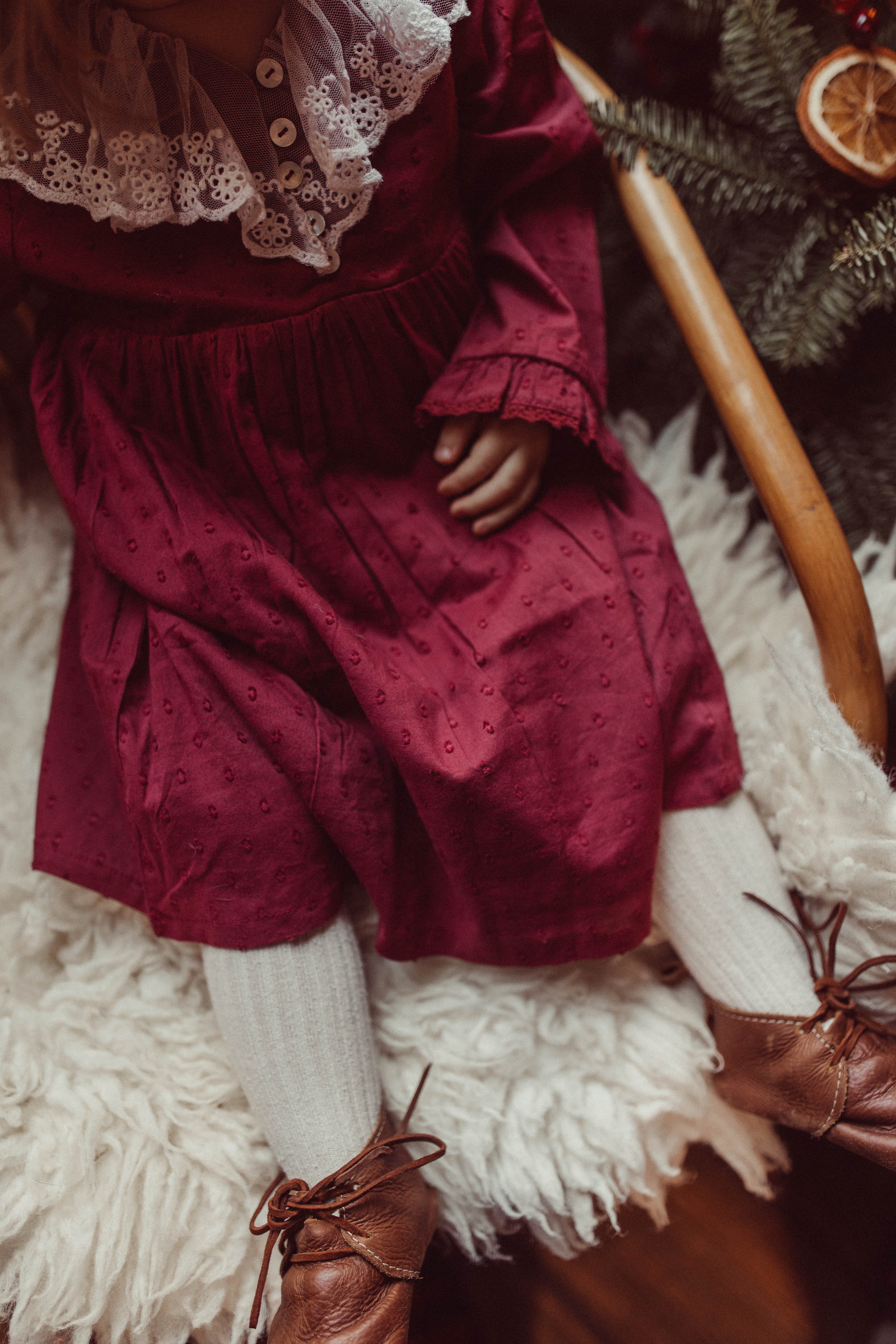La Petit Lapin Harper | Swiss Dot Cotton Lace Dress | Merlot | Playroom Avenue