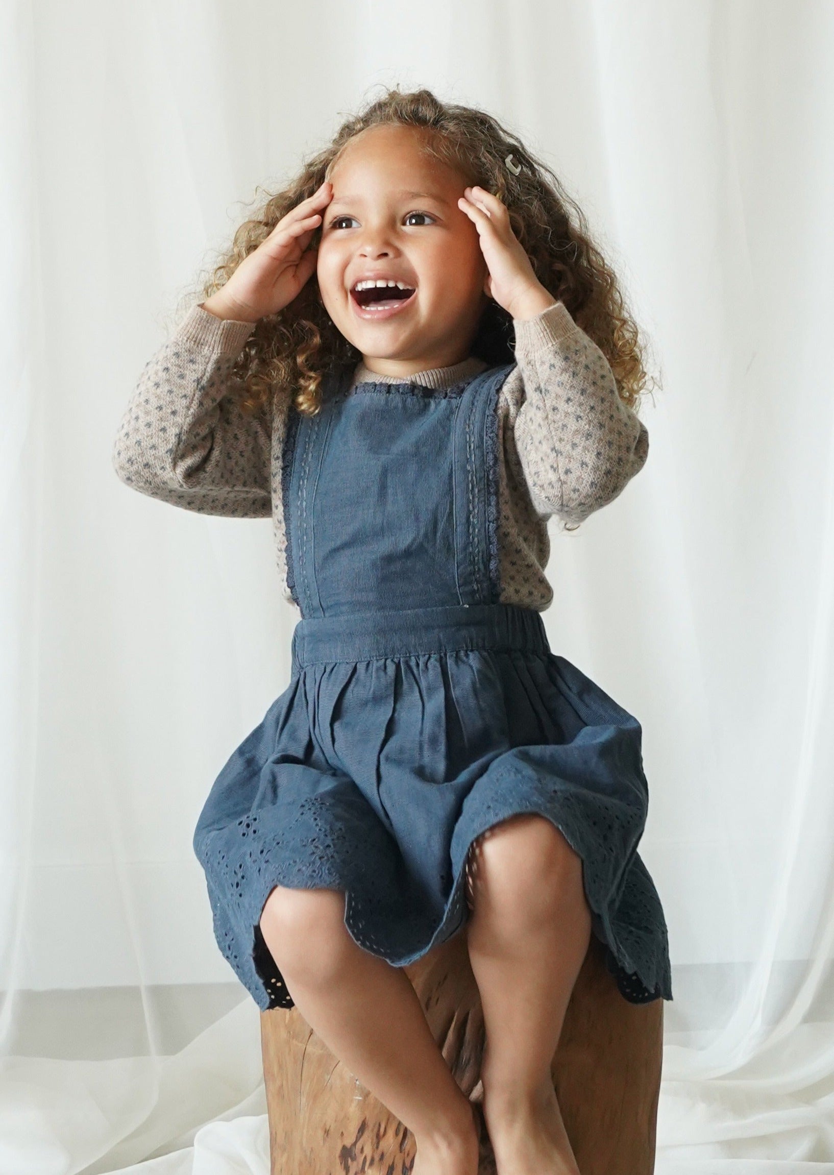 La Petit Lapin Elea | Corduroy Cotton Anglaise Dress | Vintage Blue | Playroom Avenue