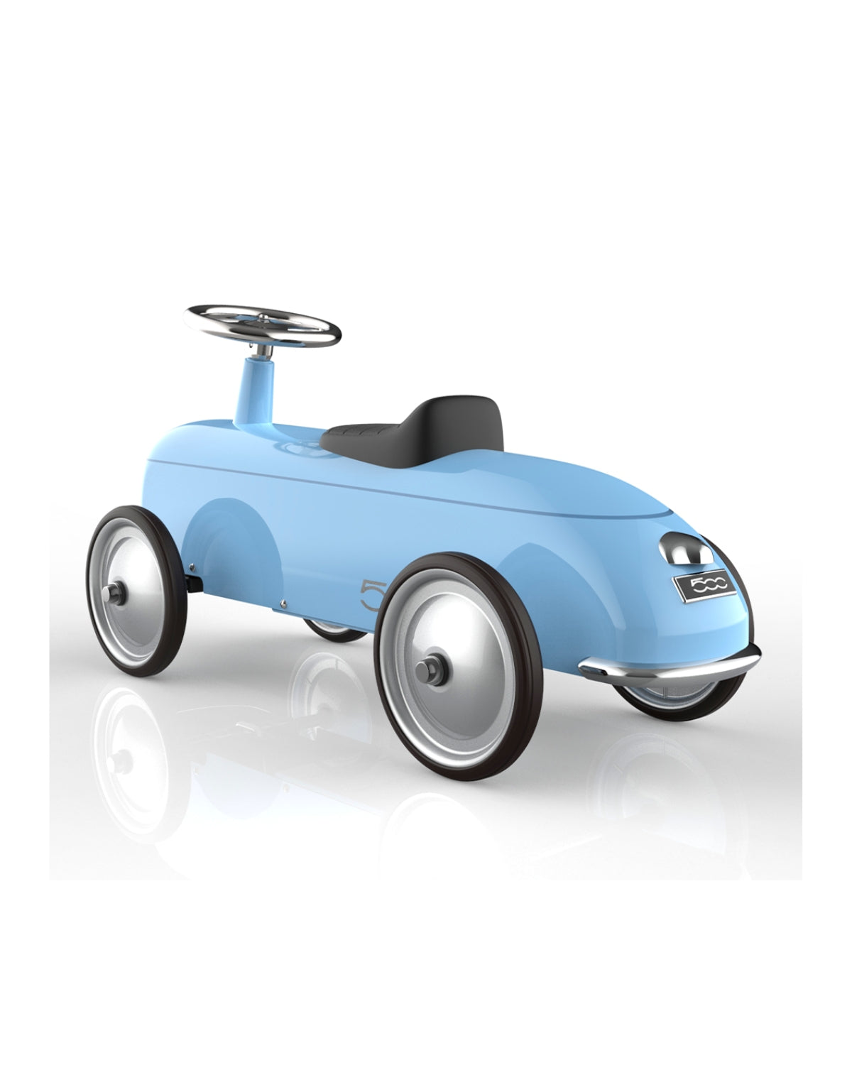 Light blue baghera roadster toy car with black seat on a white background