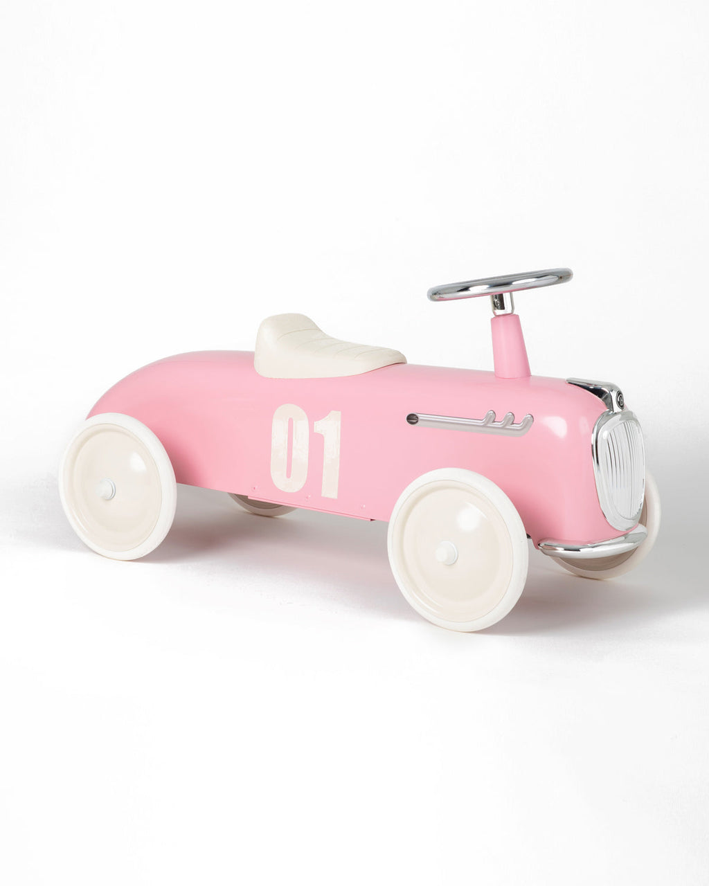 Pink baghera ride-on roadster with the number 01 on a white background