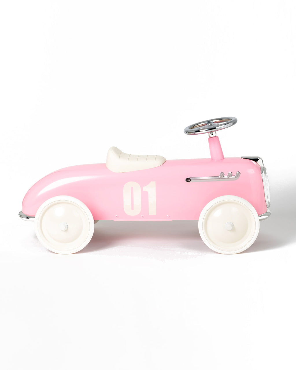 Pink baghera ride-on roadster with the number 01 on a white background