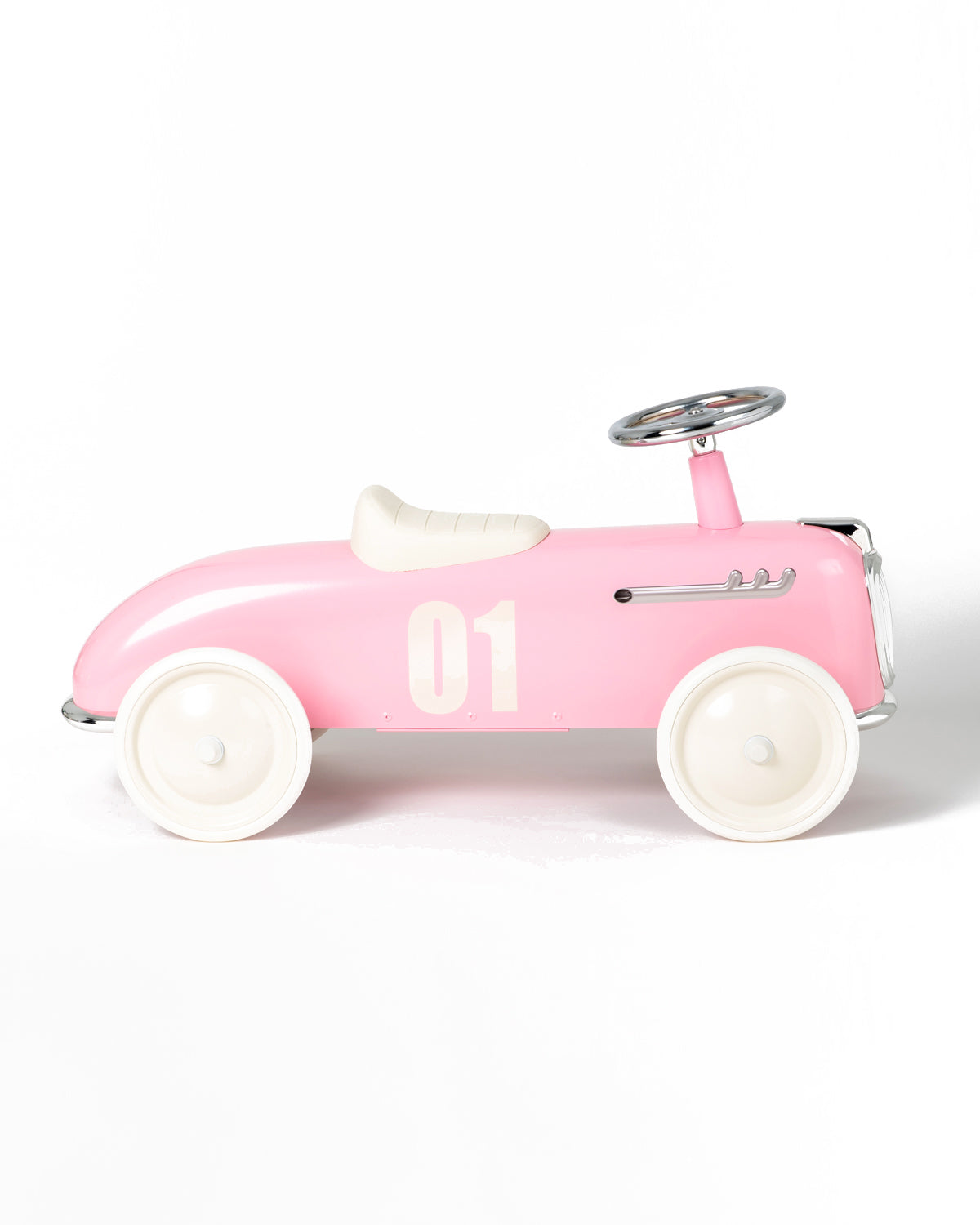 Pink baghera ride-on roadster with the number 01 on a white background